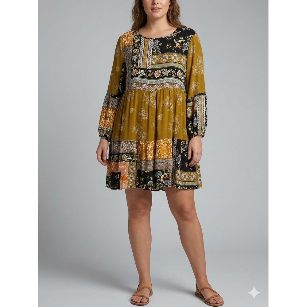 Ces Femme Boho Patchwork Floral Babydoll Dress Mustard Black Medium